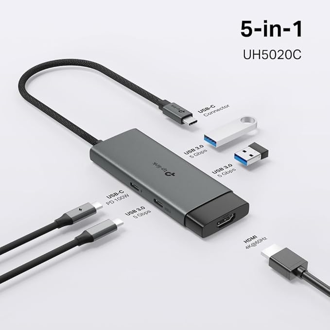 TP-Link USB C Hub 5-in-1 Multiport Adapter (UH5020C) | 4K@60Hz HDMI, 100W Power Delivery, 1×USB-C, 2× USB-A Data Ports | 5Gbps High-Speed Dongle | Compatible w/MacBook and More | Plug and Play