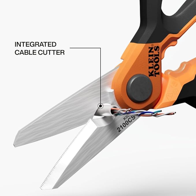 Klein Tools 2100CS Stainless Steel Electrician Scissors with Serrated Blade and Cable Stripper, Shears for Wire and Cable Cutting, 7-Inch