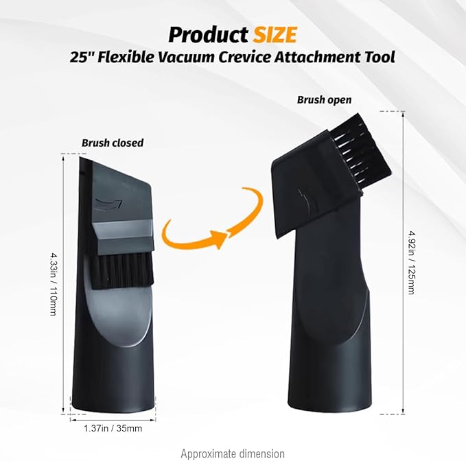 Universal 25" Long Flexible Crevice Tool Vacuum Attachment with Removable Brush Head For All 1-1/4 in or 1-3/8 inch Connector Hoses Helps Clean Cobwebs on the ceiling, Dryer Lint, Under Furniture