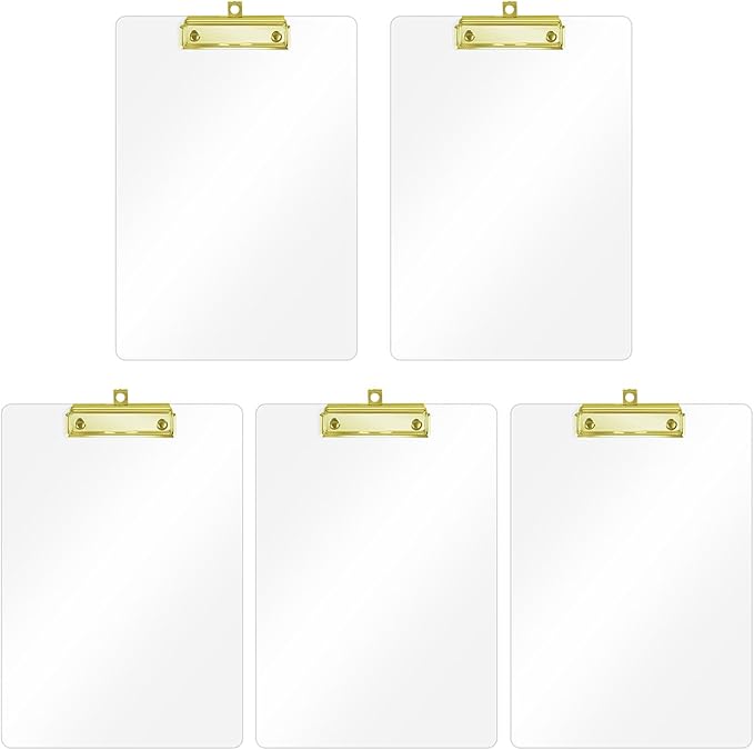 Honagu Acrylic Clear Clipboards, 8.5x11 Plastic Clipboard with Gold Strong Clip Hidden Hanging Hole, A4 Letter Size Clipboards for Nurses, Doctors, Art Student, Teachers,School & Office Supplies, 5PC