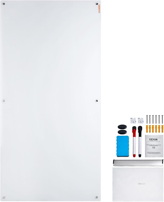 VEVOR Magnetic Glass Writing Board, Erasable 72"x36" Surface, Frameless Wall Installation, Includes Marker Holder, a Cleaning Tool, and 2 Writing Pens, White