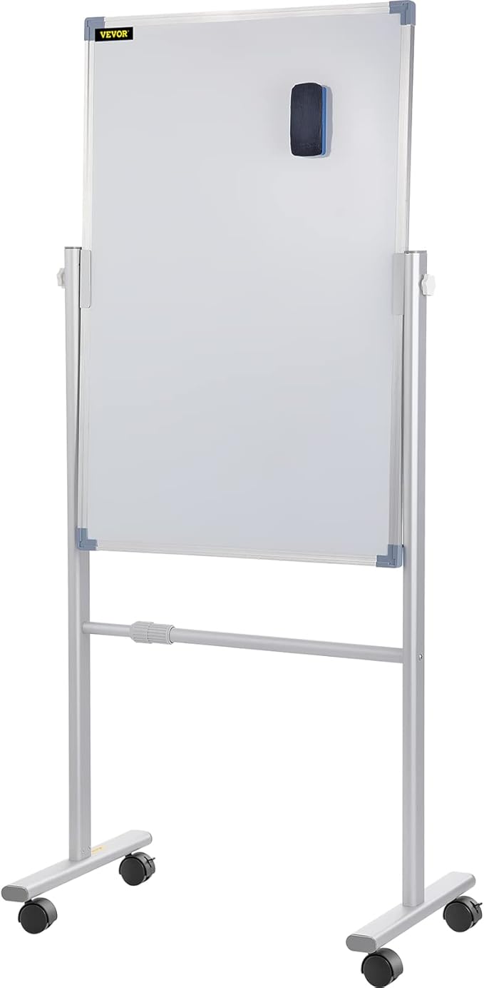 VEVOR Mobile Magnetic Whiteboard, 36 x 24 Inch, Double Sided, 360 Degree Reversible Rolling Dry Erase Board, Height Adjustable with Aluminum Frame and Lockable Swivel Wheels, for Office School Home