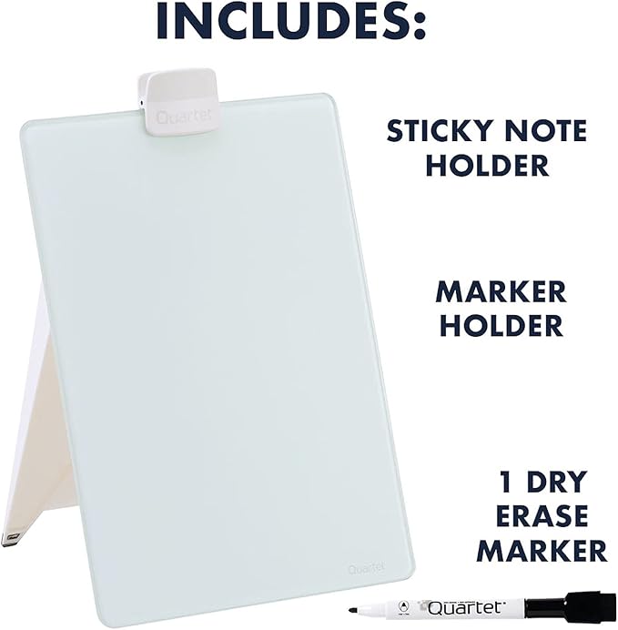 Quartet Glass Whiteboard Desktop Easel, 9" x 11", Dry Erase Surface, Clean Erase, Includes 1 Dry Erase Marker, White (GDE119)