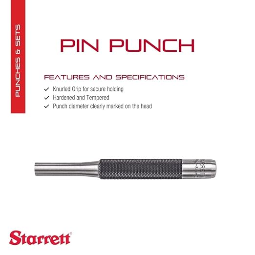 Starrett Drive Pin Punch with Knurled Grip for Driving Pins Into or Out of a Workpiece - Hardened and Tempered Steel, 4" Length, 5/16" Punch Diameter - 565H