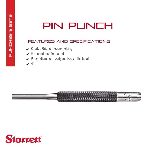 Starrett Drive Pin Punch with Knurled Grip for Driving Pins Into or Out of a Workpiece - Hardened and Tempered Steel, 4" Length, 3/16" Punch Diameter - 565E