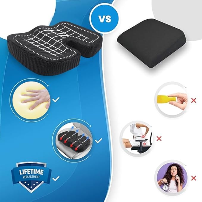Office Chair Seat Cushion,Premium Memory Foam Chair Cushion for Long Sitting,Tailbone,Back,Sciatica,Coccyx Pain Relief Pillow Hip Butt Pad Cushion -for Office Chair,Car Seat,Wheelchair,Black