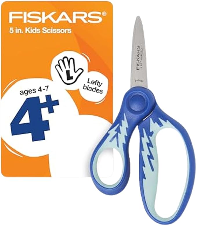 Fiskars 5" Left-Handed Softgrip Pointed-Tip Scissors for Kids 4-7 - Scissors for School or Crafting - Back to School Supplies - Blue Lightning