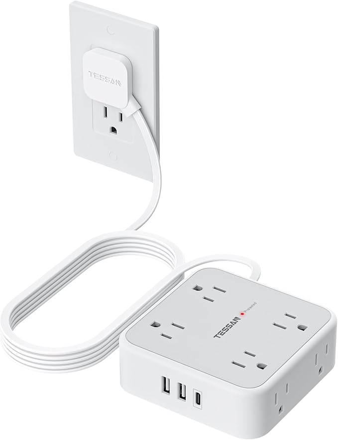 TESSAN 10 Ft Surge Protector Power Strip, 3 USB(1 USB C) 8 Outlets, Flat Plug Extension Cord with Multiple Outlets, 900J Protection, Desk Charging Station for Home, Dorm Room Essentials, Grey