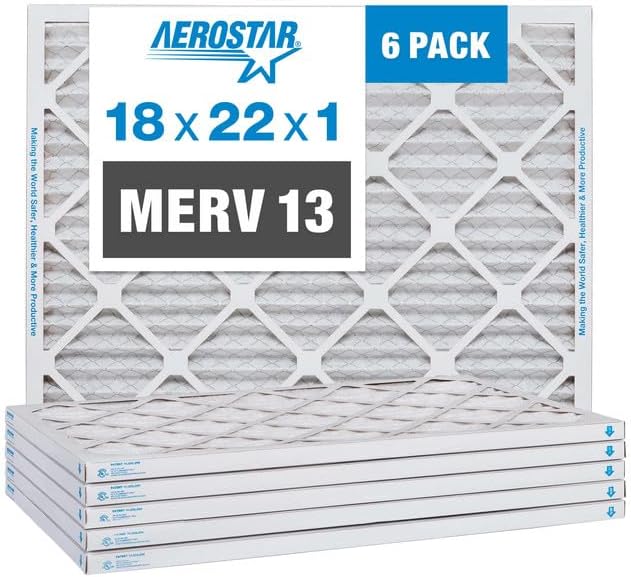 Aerostar 18x22x1 MERV 13 Pleated Air Filter, AC Furnace Air Filter, 6 Pack (Actual Size: 17 1/2" x 21 1/2" x 3/4")