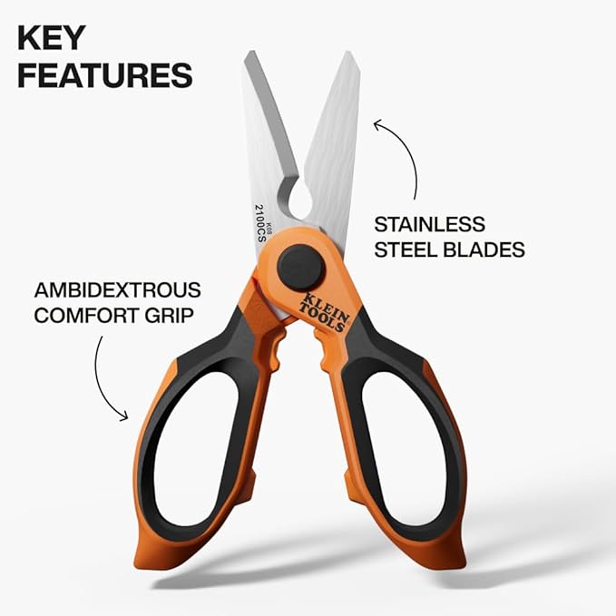 Klein Tools 2100CS Stainless Steel Electrician Scissors with Serrated Blade and Cable Stripper, Shears for Wire and Cable Cutting, 7-Inch