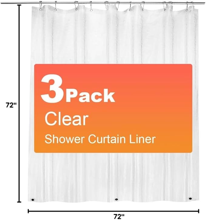 3 Pack PEVA Plastic Shower Curtain Liner Premium Light Weight 72" x 72" Clear Bathroom Shower Showroom Curtain Liner with Rustproof Metal Gromments and Weighted Magnet