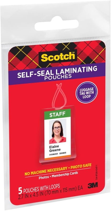 Scotch Self-Sealing Laminating Pouches, Luggage Tag Size (fits 2.5″ x 4.5″ Items) – 5 Pack with Loops for DIY Bag Tags & ID Labels