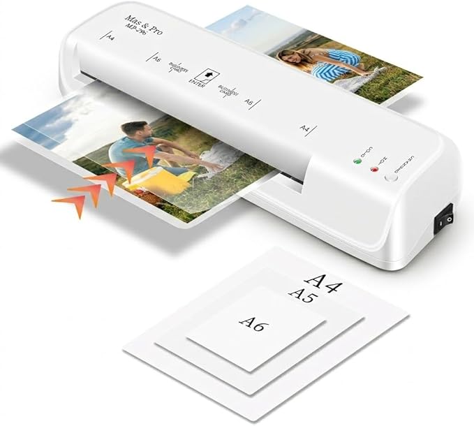 9 Inch Thermal Laminator Machine with 40 Laminating Sheets, 3-5mil, for A4, A5, A6, Photos, Small Personal Laminator for Home Office School use, Hot & Cold, 2-Roller, Anti Jam, White, by Mas & Pro