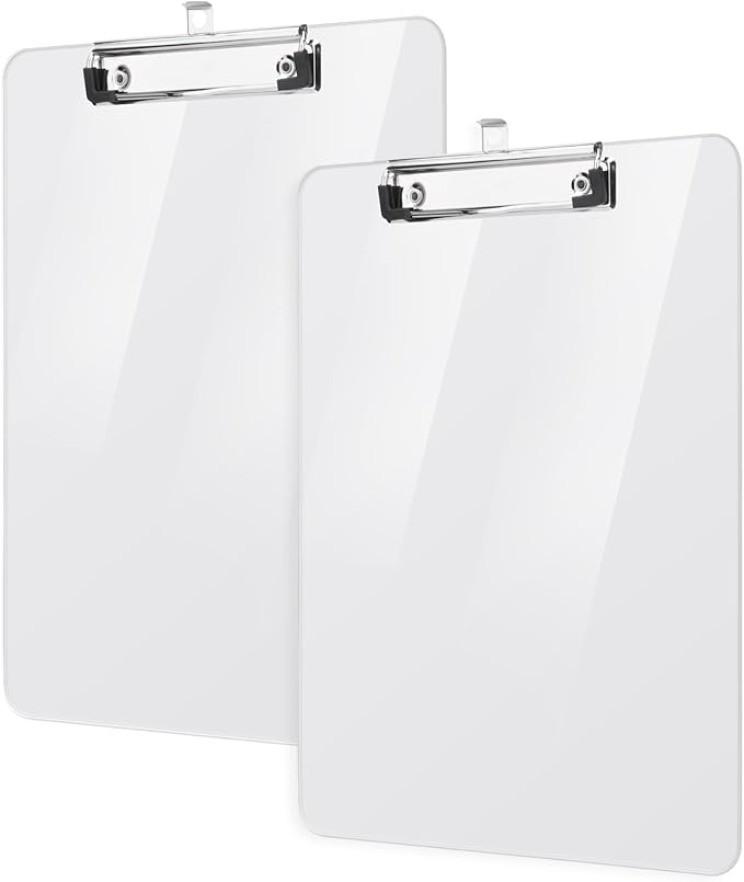2 Pack Plastic Clipboards, A4 Acrylic Clear Board 8.5x11 for Classroom, Students, Transparent Letter Size 9" x 12.5" with Low Profile Clip, Office & School Supply