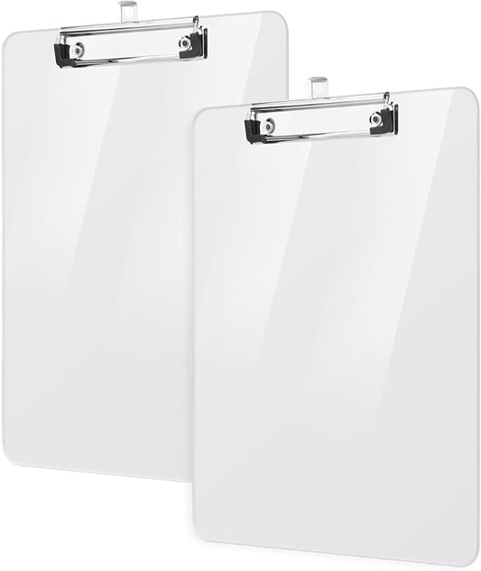 2 Pack Plastic Clipboards, A4 Acrylic Clear Board 8.5x11 for Classroom, Students, Transparent Letter Size 9" x 12.5" with Low Profile Clip, Office & School Supply