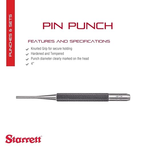 Starrett Drive Pin Punch with Knurled Grip for Driving Pins Into or Out of a Workpiece - Hardened and Tempered Steel, 4" Length, 3/32" Punch Diameter - 565B