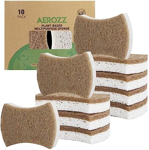 10 Pack Biodegradable Natural Sponges Kitchen - Compostable Cellulose and Coconut Walnut Scrubber Sponge - Non Scratch Eco Friendly Quick Drying Sponges for Dishes