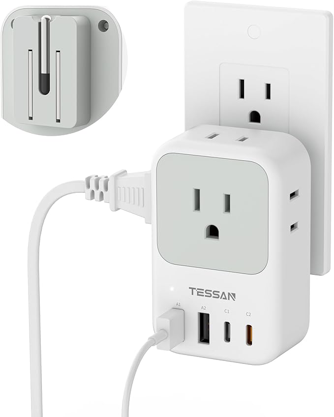 USB C Charger Block 20W, TESSAN PD Fast Charging Adapter with Foldable Plug, 1875W Power Outlet Extender(4 AC and 4 USB) for Cruise, Home, Office, Dorm