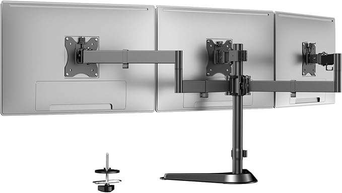 Triple Monitor Stand, Heavy Fully Adjustable Motion Mount Fits 3 Screens up to 27 inche, Free Standing Desk Stand with Base and Cable Management, 22 lbs Weight Capacity per Arm, Black