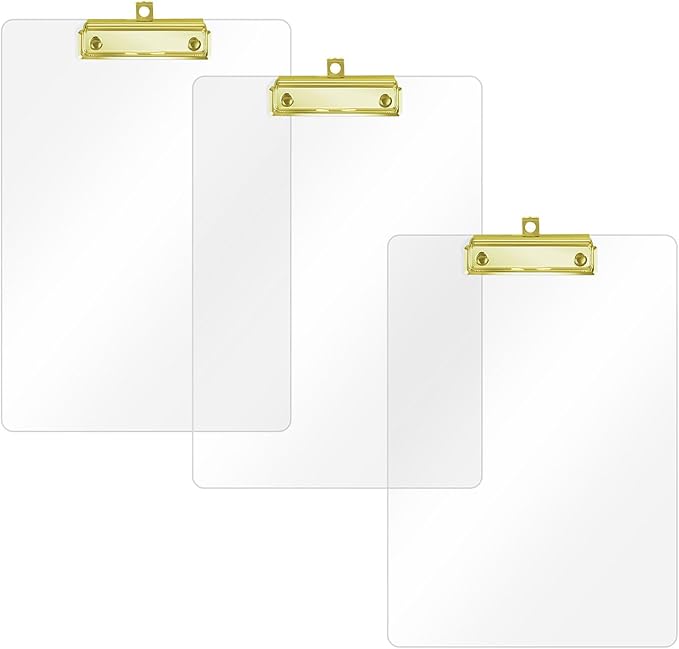 Honagu Acrylic Clear Clipboards, 8.5x11 Plastic Clipboard with Gold Strong Clip Hidden Hanging Hole, A4 Letter Size Clipboards for Nurses Doctors, Art Student, Teachers,School & Office Supplies, 3PC