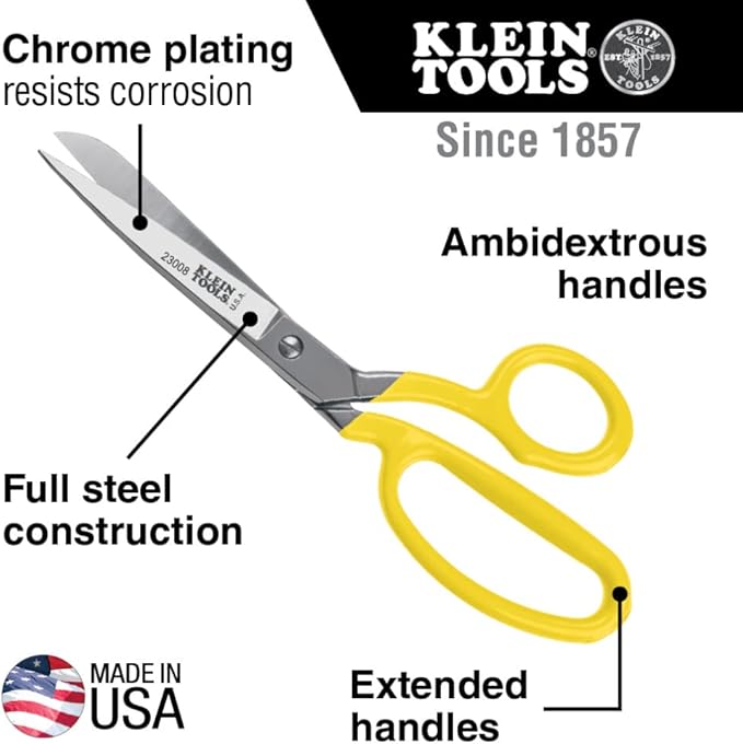 Klein Tools 23008 Premium Forged Heavy Duty Bent Trimmer Scissors, Made in USA, 8-Inch Multipurpose Durable Household Scissors, Perfect for Kitchen, Sewing, Crafts, Office