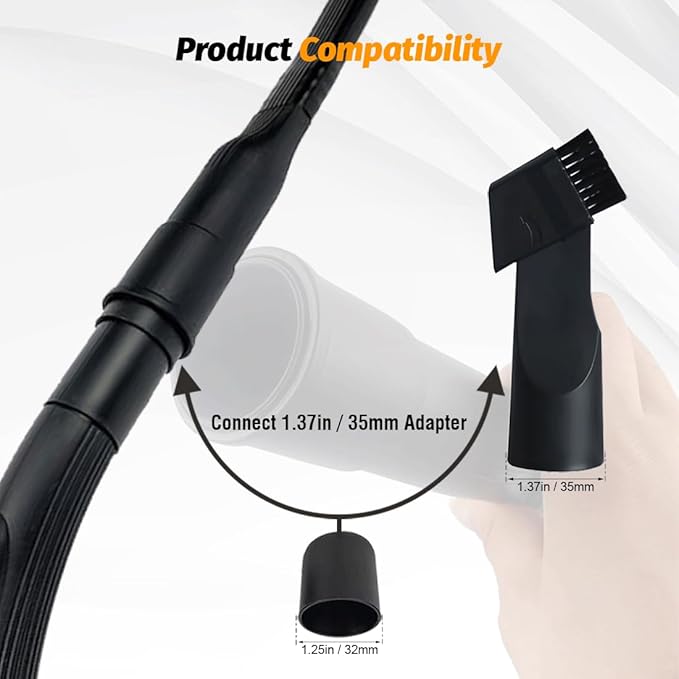 Universal 25" Long Flexible Crevice Tool Vacuum Attachment with Removable Brush Head For All 1-1/4 in or 1-3/8 inch Connector Hoses Helps Clean Cobwebs on the ceiling, Dryer Lint, Under Furniture
