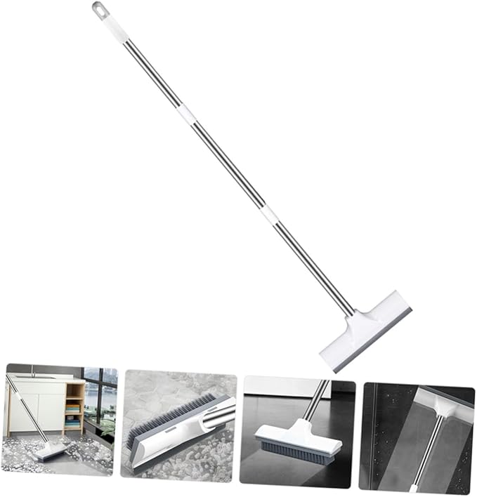 Extendable Long Handle Floor Scrubbing Brush with Stiff Bristles for Bathroom Tile Deck Hard Floor Cleaning and Scraper Dual-use Wide Area Efficient Scrub for Bathtub and Shower