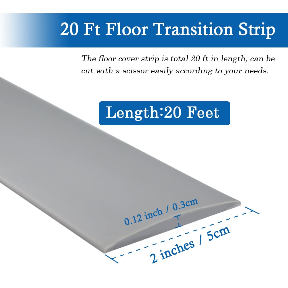 Floor Transition Strip Self Adhesive Floor Cover Strips Laminate 2" Wide Vinyl Flat Divider Transitions (5cm, 20Ft, Gray)