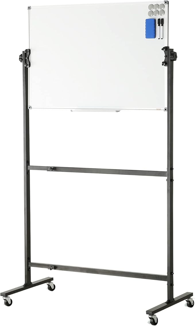 VEVOR Rolling Magnetic Whiteboard, Double-Sided Mobile Whiteboard 36x24 Inches, 360° Reversible Adjustable Height Dry Erase Board with Wheels & Movable Tray for Office, School