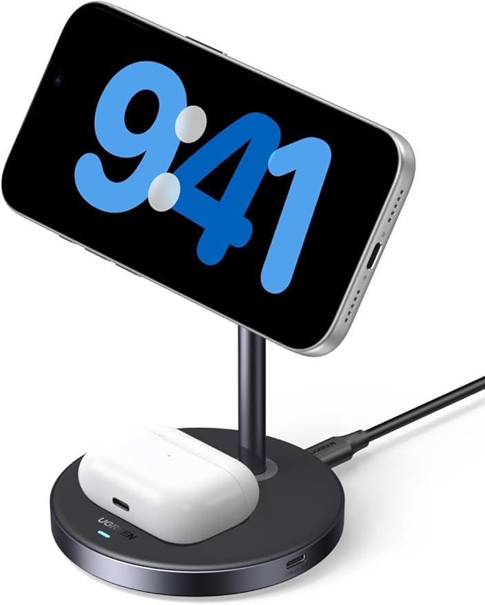 UGREEN Qi2 15W 2-in-1 Wireless Charging Stand, Fast Wireless Charger for iPhone 17 16 15 14 13 12 Series and AirPods, Dual Device Charging, MagSafe Charger Desk Charging Station for Home Office