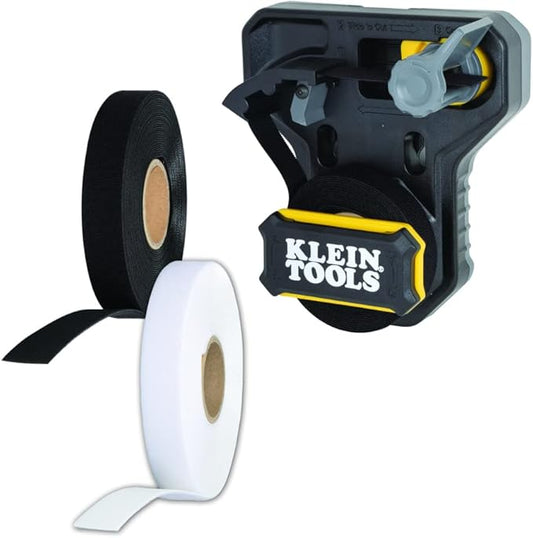 Klein Tools 80144 Cable Management Hook and Loop Tape Dispenser Kit, 25-Foot x 3/4-Inch White and Black Replacement Cable Tie Rolls, 3-Piece