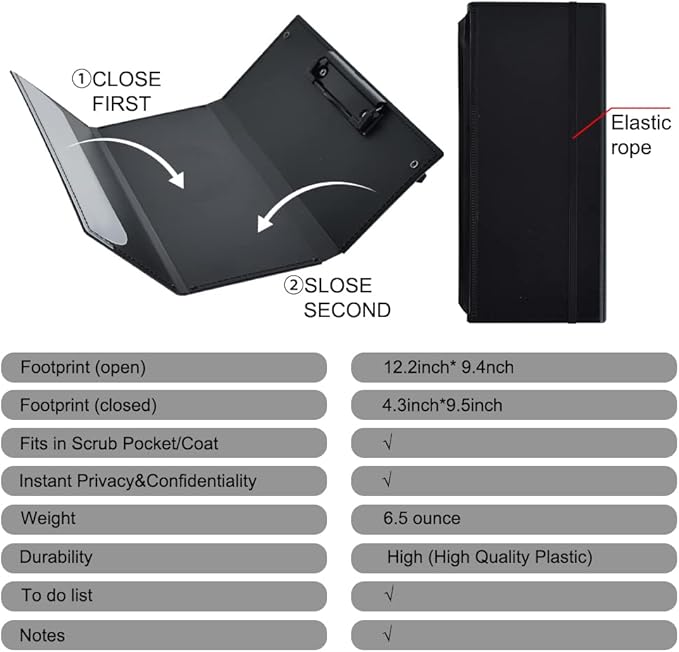 Vuzvuv Nursing Clipboard Foldable,Black Nurse Pocket Clipboard 3 Layers with Nursing Medical Edition Cheat Sheets, Foldable Nurse Clip Boards Notepad for Students, Nurses, Doctors and Medical Staff