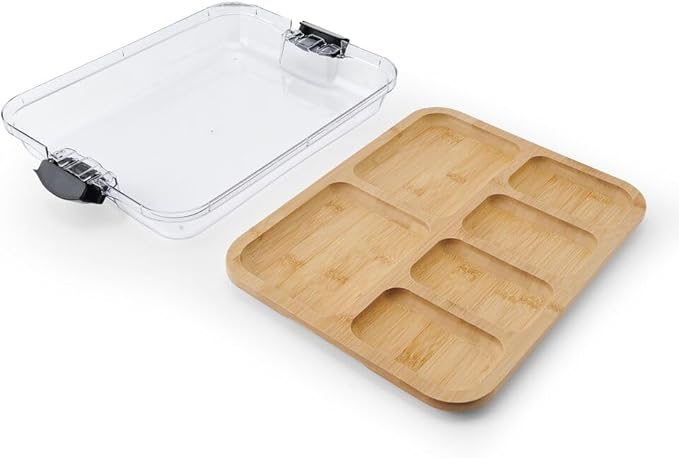 Farberware Build-A-Board Bamboo Cutting Board with Built-In Compartments & Clear Locking Lid, Black Handles – Charcuterie, Snack Tray, Food Prep and Serving Platter