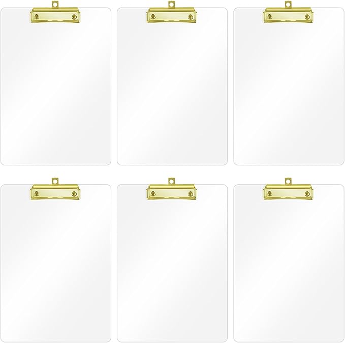 Honagu Acrylic Clear Clipboards, Transparent Plastic Clipboard with Gold Strong Clip Hidden Hanging Hole, A4 Letter Size Clipboards for Nurses, Art Student, Teachers,School & Office Supplies, 6PC