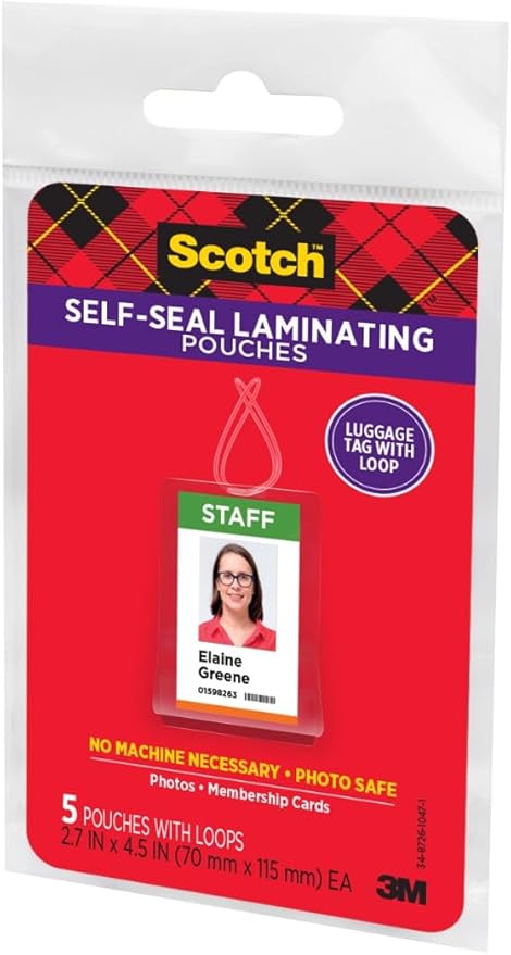 Scotch Self-Sealing Laminating Pouches, Luggage Tag Size (fits 2.5″ x 4.5″ Items) – 5 Pack with Loops for DIY Bag Tags & ID Labels