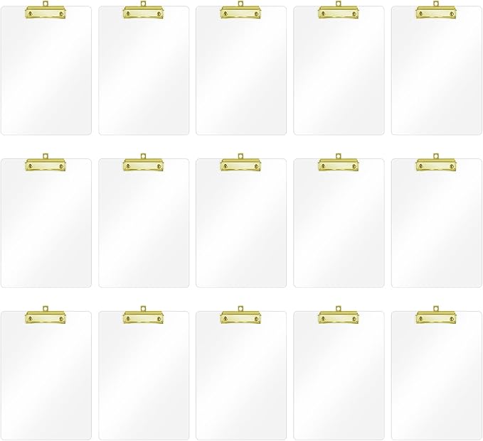 Honagu Acrylic Clear Clipboards, 8.5x11 Plastic Clipboard with Gold Strong Clip Hidden Hanging Hole, A4 Letter Size Clipboards for Nurses, Doctors, Art Student, Teachers,School & Office Supplies, 15PC