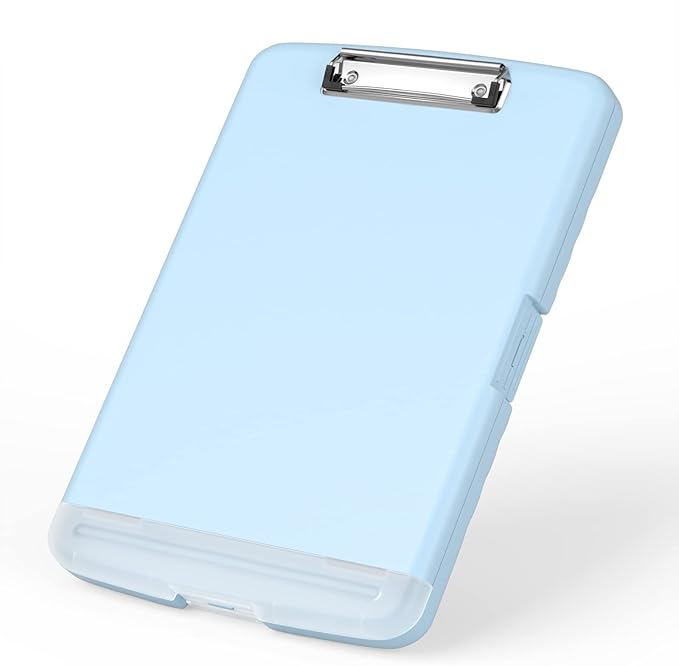 Rimilak Plastic Clipboard with Storage, 8.5 x 11 High Capacity Folio Nursing Case with Pen Holder, Size 14.2 x 9.6 x 1.2″ Folder Side-Opening for Classroom, Teacher, Smooth Writing, Light Blue