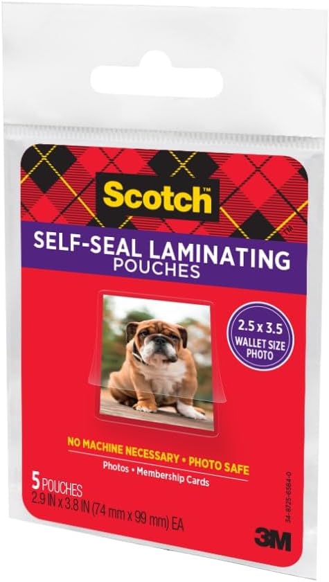 Scotch Repositionable Self-Sealing Photo Laminating Pouches, Small (2.9″ x 3.8″) – 5 Pack, No-Machine Adjustable Lamination for Photos & Cards