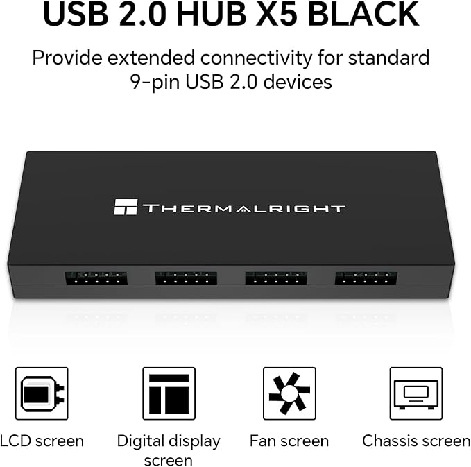 Thermalright Interal USB 2.0 Hub X5, SATA Powered, Magnetic Mount, 9-Pin USB Expansion for PC Motherboard (Black)