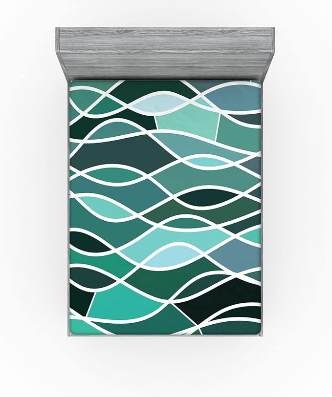 Ambesonne Seafoam Fitted Sheet, Stained Glass Pattern with Wavy Lines and Mosaic Abstract Geometric Composition, Bed Cover with All-Round Elastic Deep Pocket for Comfort, Queen Size, Multicolor