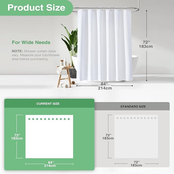 Dynamene Extra Wide Shower Curtain - 84 Inch Wide Waffle Weave Weighted Thick Cloth Bathroom Shower Curtain, Neutral Heavy Duty Hotel Bath Curtain Set with 14 Plastic Hooks, 84x72, White