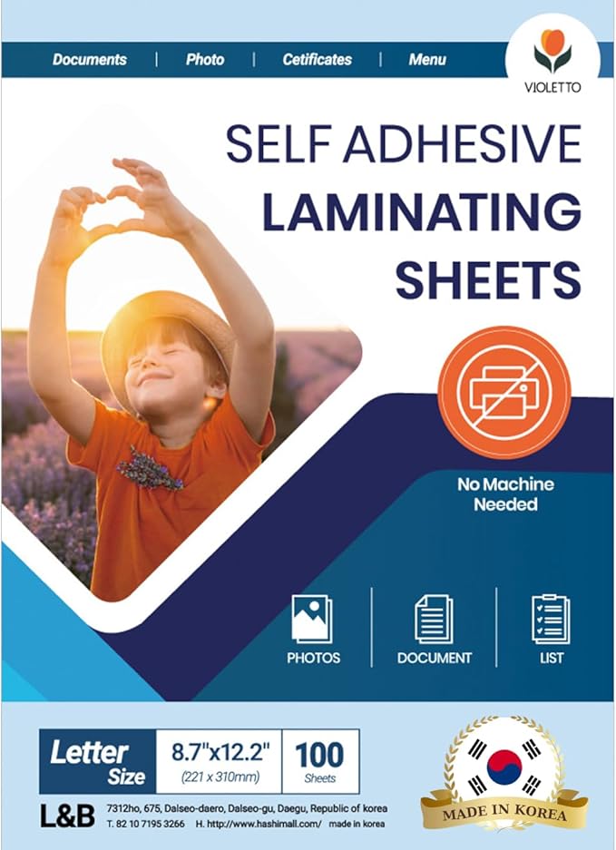 Self Adhesive Laminating Sheets 12.3x17.1 inch, 100 Pack, 4mil Thickness, No-Machine Needed, QuickPeel, Instashield, Stick&GO (100 Sheets, Letter Size 4mil)