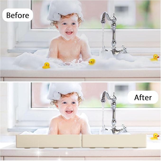 Roslim Splash Guard for Bathtub & Sink - Silicone Kids Bath Splash Guard Shelf, Bath Toy Tray Holder, Tub Water Splash Guard with 4 Suction Cups, Bathroom Accessories for Baby Bath, 1Pack, Beige
