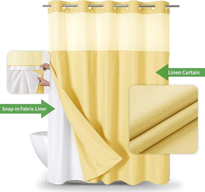 No Hooks Needed Linen Textured Shower Curtain with Snap-in Fabric Liner Set,Hotel Luxury Decor Shower Curtains for Bathroom with Mesh Top Window,Waterproof & Washable,71Wx74H,Gold