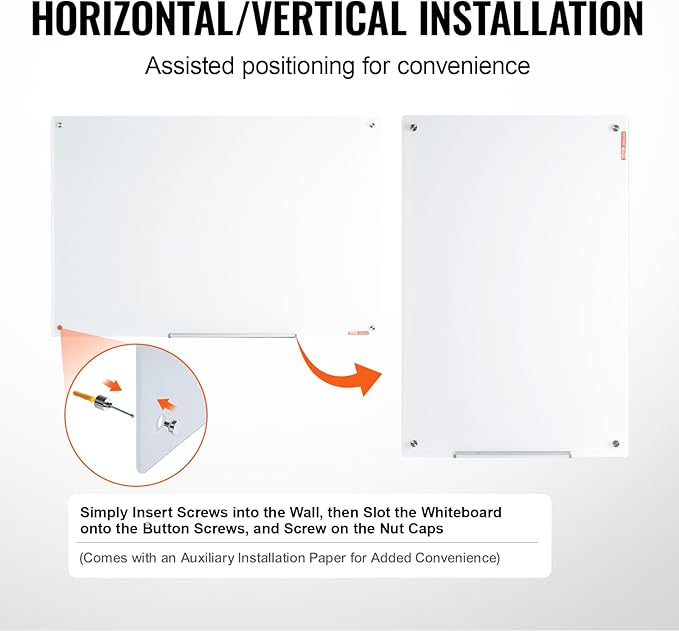 VEVOR Magnetic Glass Writing Board, Erasable 48"x32", Frameless Wall Hanging White Glassboard, Includes Marker Holder, an Eraser, and 2 Writing Pens, White