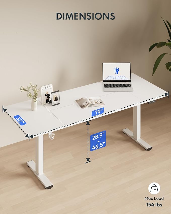 FLEXISPOT 79x32 Inch Electric Large Standing Desk for Home & Office, Spacious Splice Board Desk with Cable Management & Organizer, Cup Holder & Hook, White