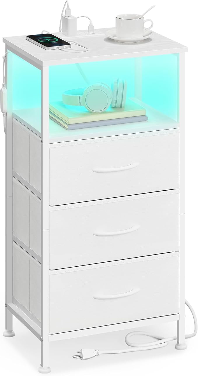 SONGMICS BELLAH Collection - Nightstand with Charging Station and App-Controlled Adjustable LED Lights, Bed Side Table, 3 Drawer and 1 Open Shelf, Bedroom, Cloud White and Snow White ULGS303WH01S