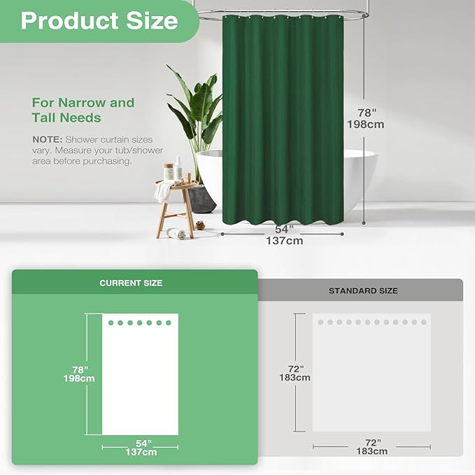 Dynamene Stall Fabric Shower Curtain - 54x78 inch Long Waffle Weave Weighted Thick Cloth Shower Curtains for Bathroom,Heavy Duty Hotel Spa Luxury Bath Curtain Set with 10 Plastic Hooks, Dark Green