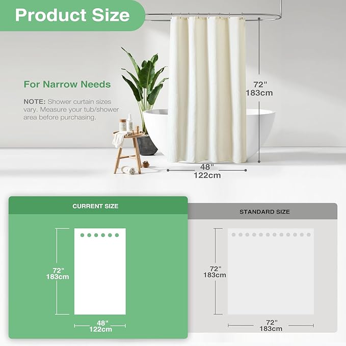 Dynamene Stall Fabric Shower Curtain - 48 inch Wide Waffle Weave Weighted Thick Cloth Shower Curtain for Bathroom, Neutral Heavy Duty Hotel Spa Luxury Bath Curtain Set with 8 Hook, 48x72, Cream/Ivory