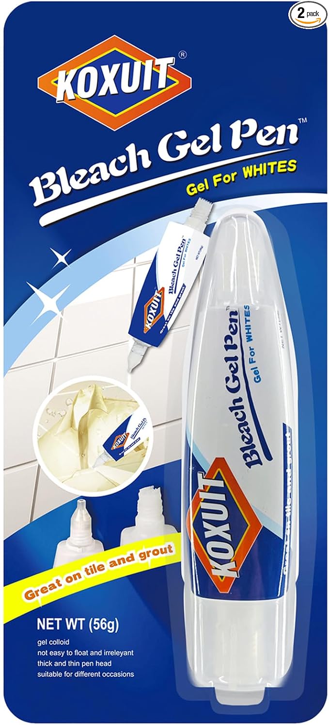 Portable Dual-Tip Bleach Pen for White Clothes & Grout - Travel-Ready 2-in-1 Gel Applicator with Brush Head, Non-Drip Cleaner for Bathroom Lines & On-The-Go Use (Unscented 1 Pack)